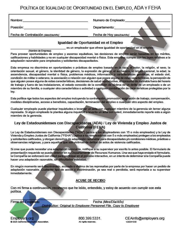 EEO-ADA-FEHA Policy (Spanish) - California Employers Association