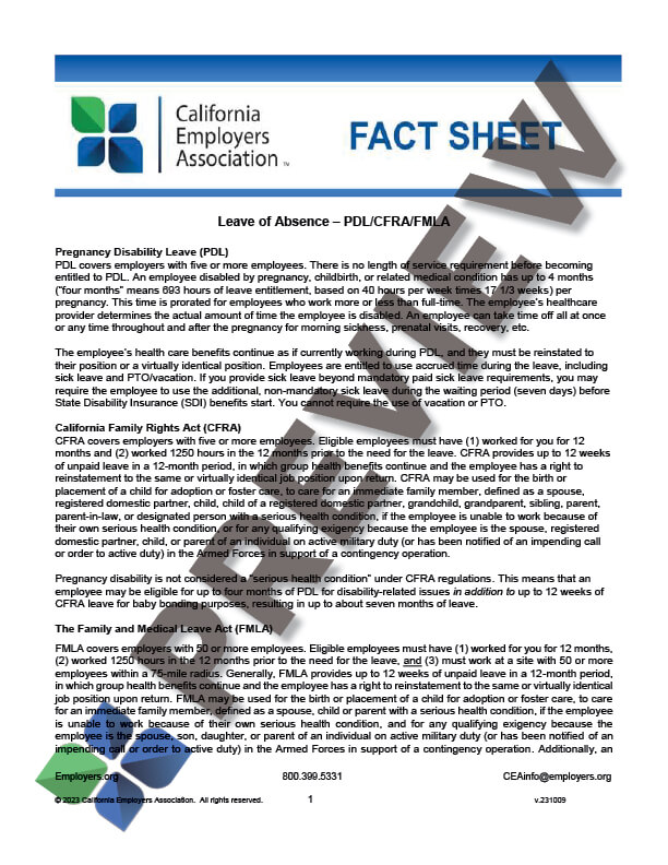 Pdl Cfra Fmla Fact Sheet California Employers Association