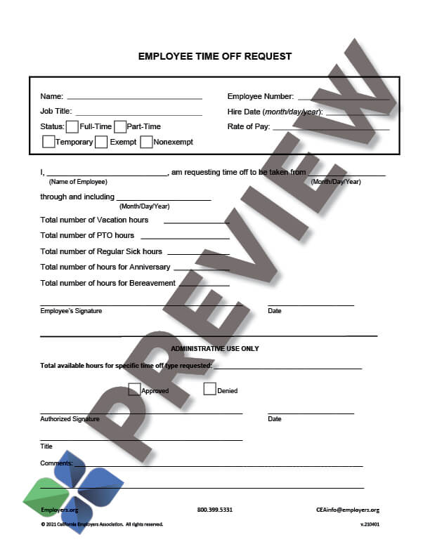Community Time Off Request Time Off Request Form - California Employers Association